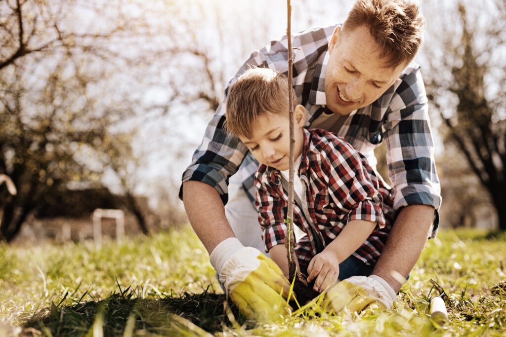 Father planting tree with son.